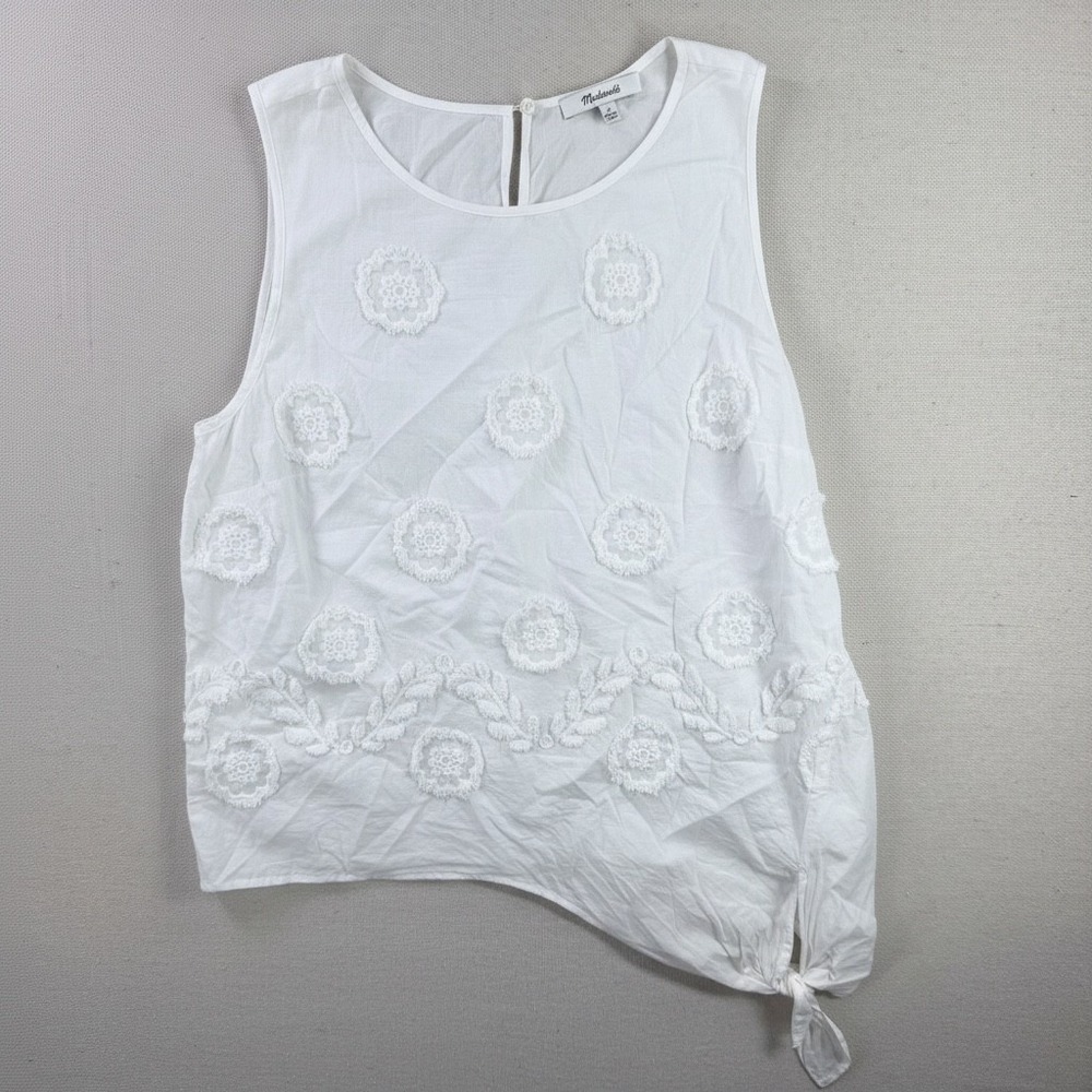 Madewell Embroidered Floral Applique Side Tie Tank Top Size M White Sleeveless